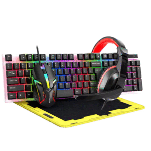 Combo Gaming Premium T240 Teclado Mouse Auriculares Mousepad Transparente Con Luz Rainbow Negro